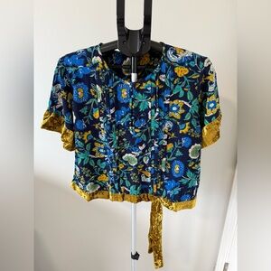 Anthropologie Womens XL Floral Blouse Velvet Trim Tie Front Boho Pintuck Top